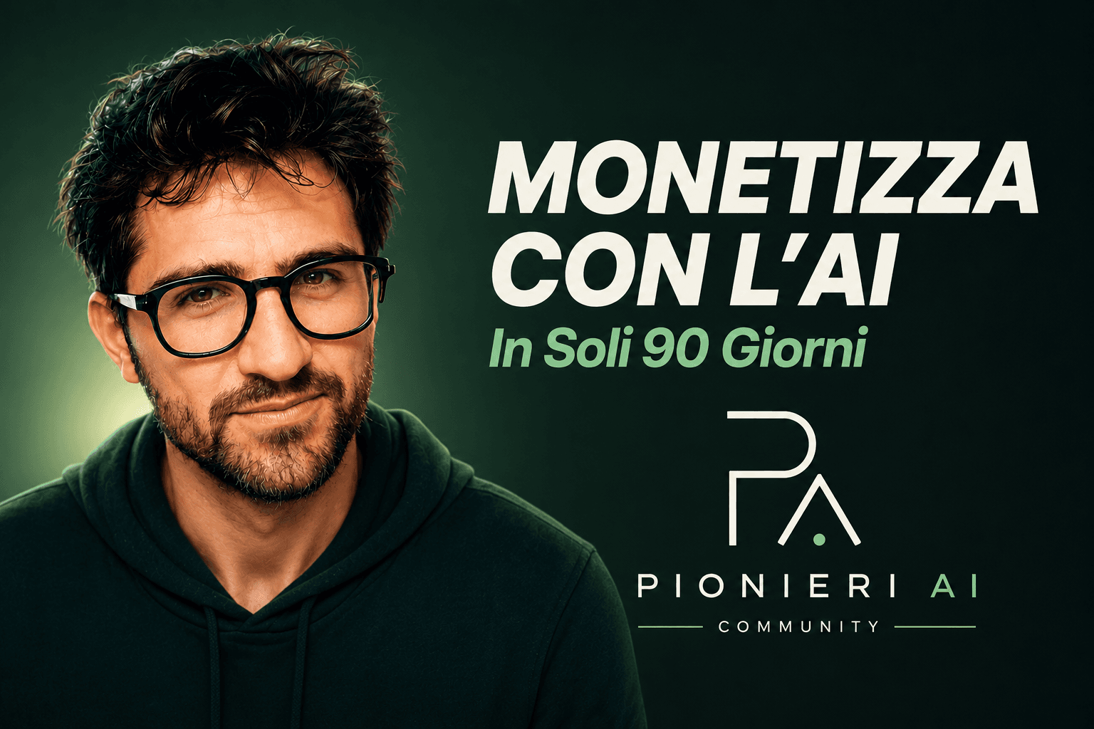 Banner Pionieri AI Community con un ritratto e il testo: “Monetizza con l’AI in soli 90 giorni”.